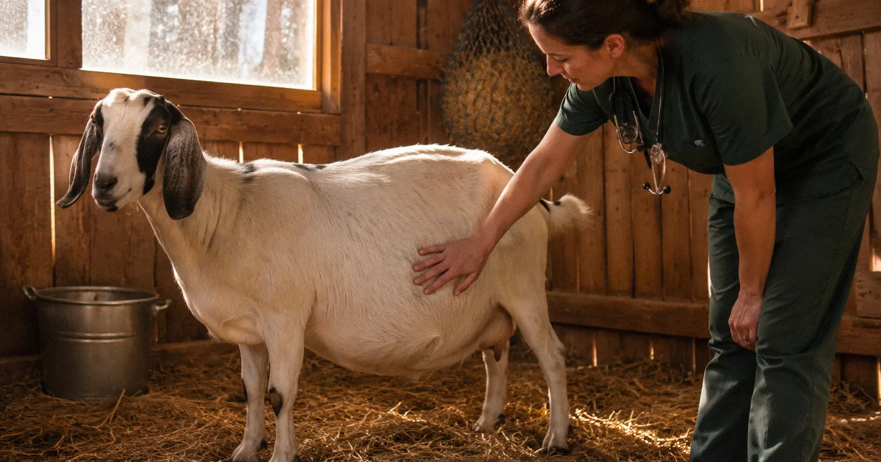 Pregnant goat receiving veterinary care