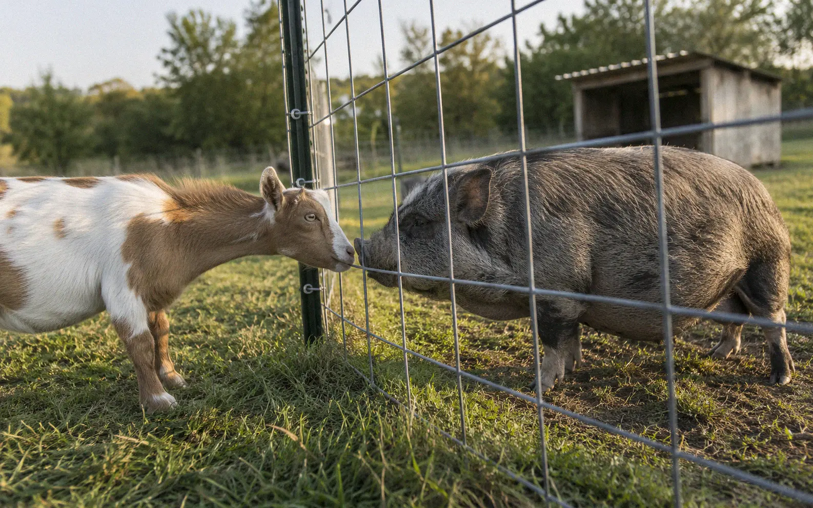 A pygmy goat and mini pig meeting through a wire fence panel during a supervised introduction