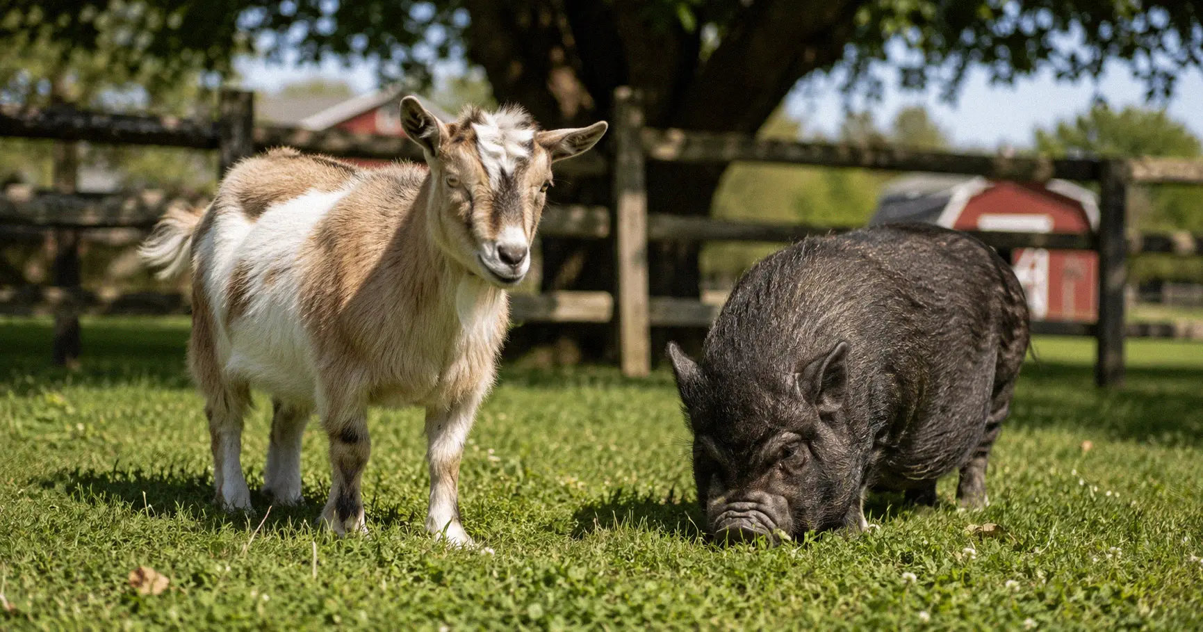 A pygmy goat standing beside a mini pig on a grassy hobby farm pasture