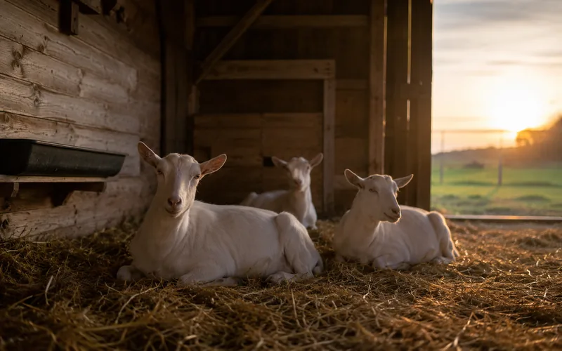 Saanen goats resting in a barn at dusk with low natural light coming through an open door