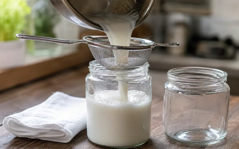 Fresh Saanen milk being strained into a glass jar in a clean farm kitchen