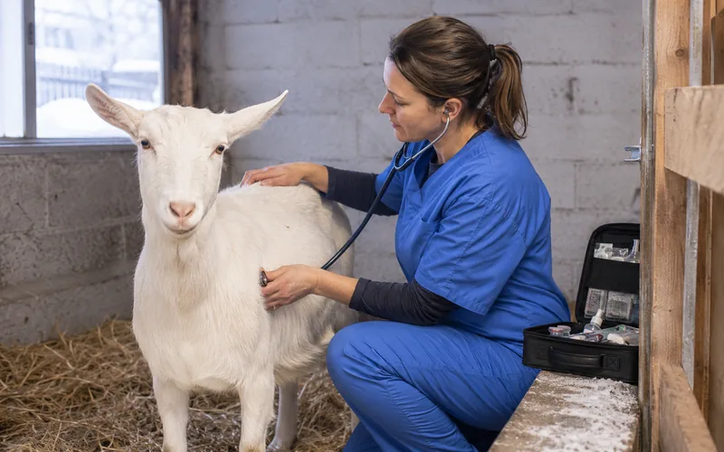 Veterinarian examining a Saanen doe in a barn during a winter health check
