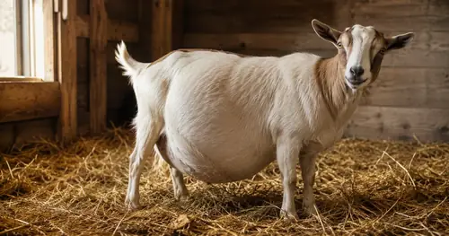 A heavily pregnant goat standing in a clean kidding pen with fresh straw bedding