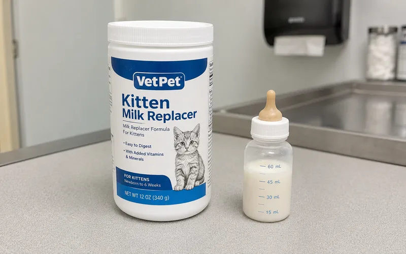 Container of powdered kitten milk replacer next to a small pet nursing bottle on a clinic counter