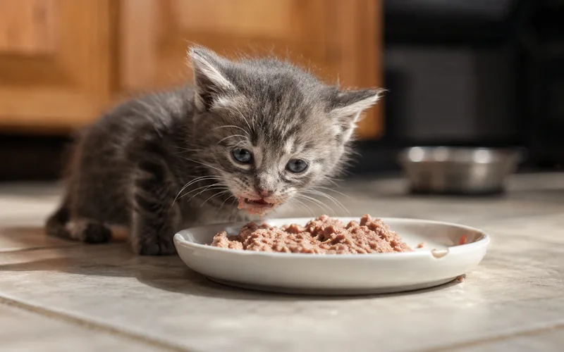 Four-week-old gray tabby kitten taking its first bites of soft wet food during weaning