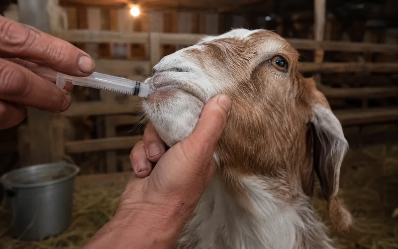 A goat receiving liquid medication from an oral dosing syringe held at the corner of its mouth