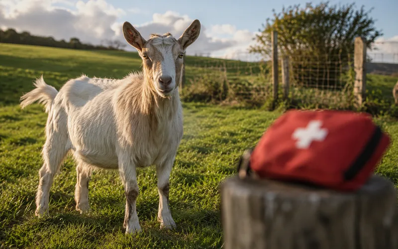 A healthy alert goat standing in a green pasture with a small first aid kit on a fence post nearby