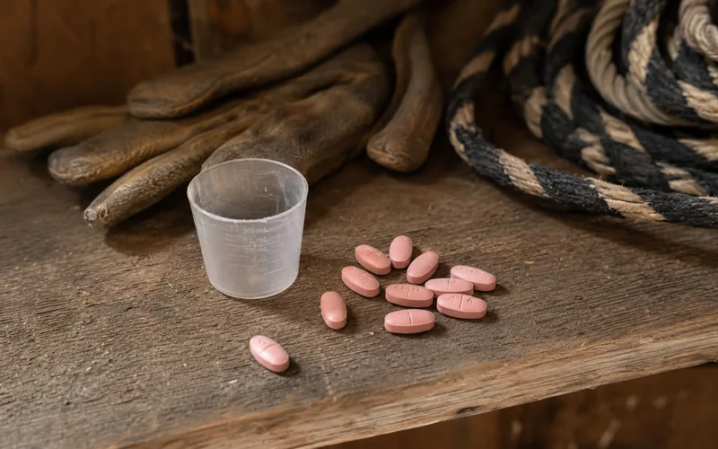 Loose pink antihistamine tablets and a small dosing cup on a rough wooden barn shelf