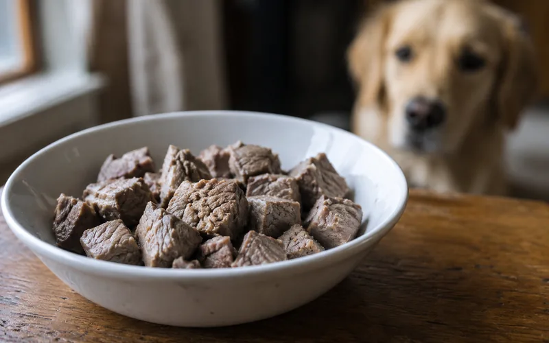 A bowl of plain cooked goat meat pieces beside a healthy dog waiting patiently