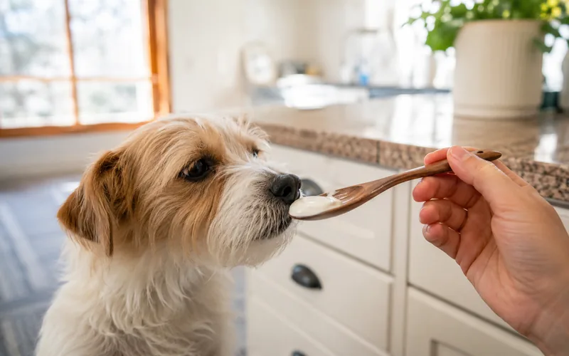 A small dog sniffing a spoon of plain goat milk yogurt on a kitchen counter