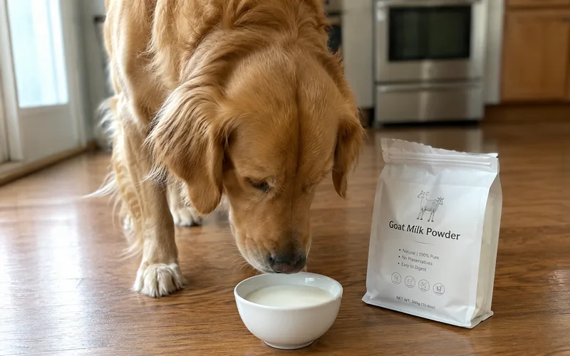Dog sniffing a bowl of goat milk formula