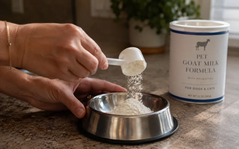 Person measuring goat milk powder into a bowl for their dog