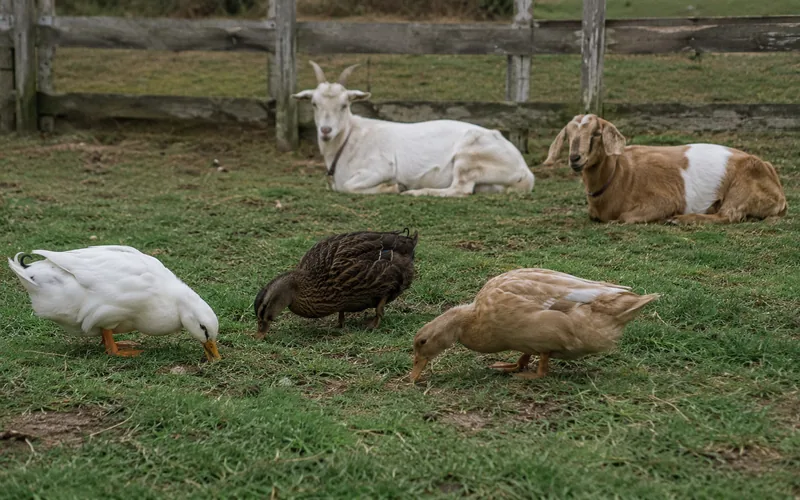 Backyard ducks foraging in the grass beside two relaxed goats in a shared pasture