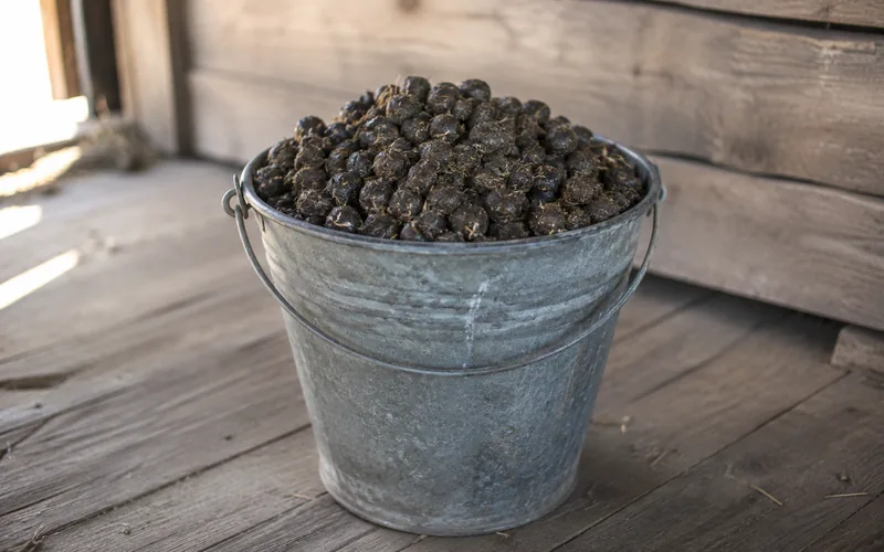 Dry goat manure pellets collected in a metal bucket beside a barn