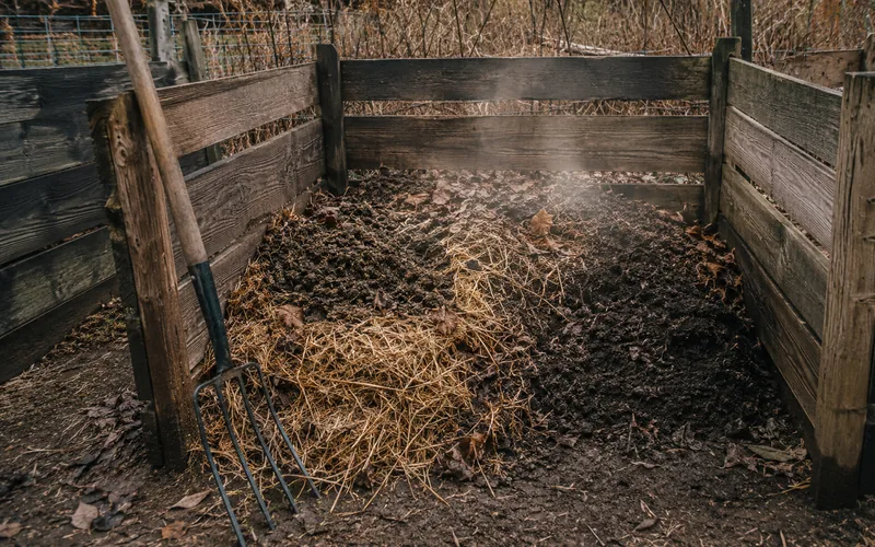 A backyard compost bin filled with goat manure, straw, and dark finished compost