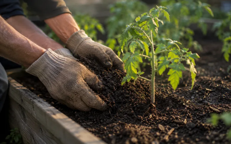 Gardener spreading dark goat manure compost around the base of tomato plants