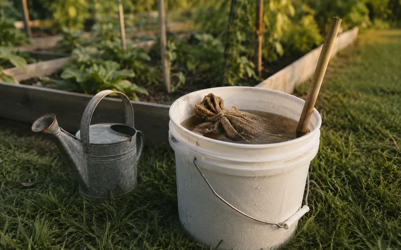 A five-gallon bucket of brewed goat manure tea next to a watering can in a garden