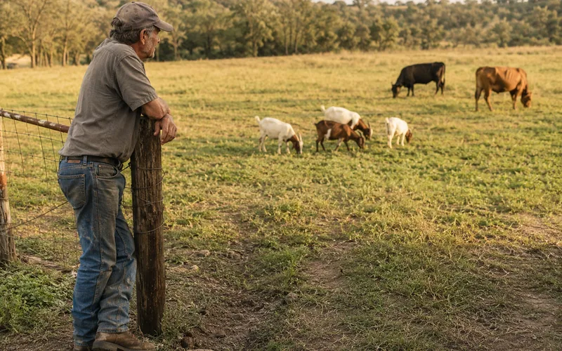 A homesteader watching goats and cattle graze a cleared, grassy pasture together