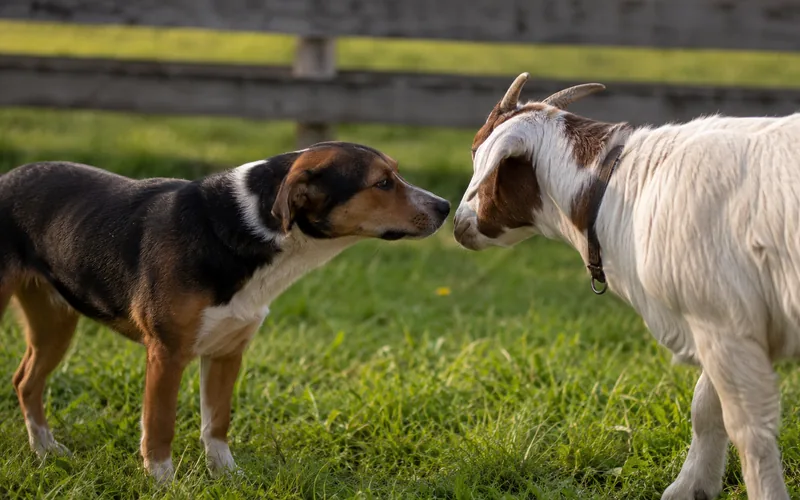 A relaxed dog and a goat standing close together in a grassy pasture