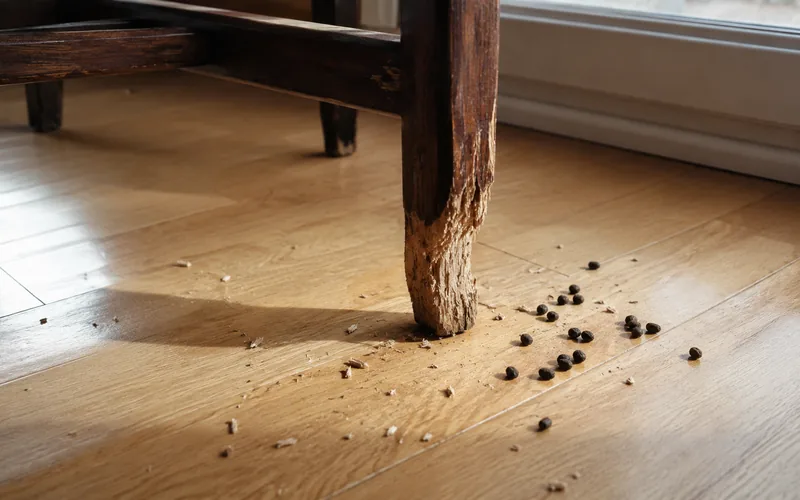 A goat standing indoors next to chewed furniture and scattered droppings on the floor