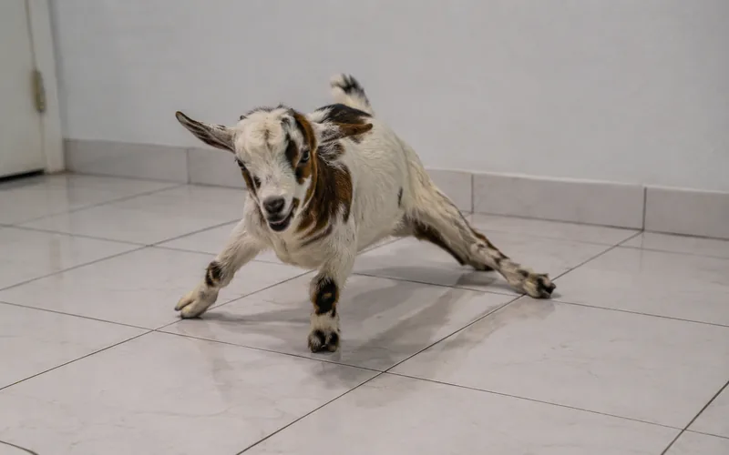 A goat slipping slightly on a smooth tile floor indoors