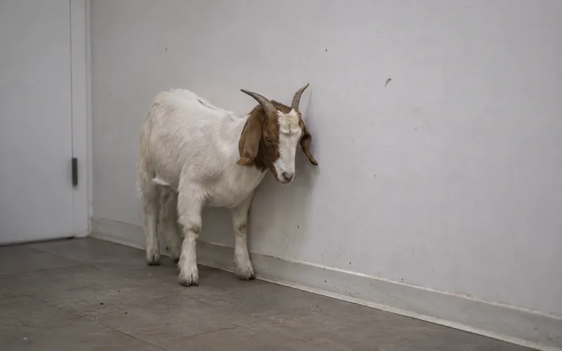 A small goat pacing along a wall indoors, appearing stressed and restless