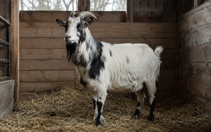 A goat standing calmly inside a dry, well-ventilated barn stall during winter, with no heat lamp in sight