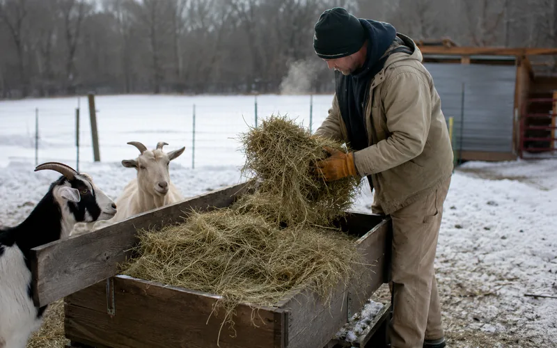 A person filling a hay feeder in a snowy winter goat pen while two goats wait nearby