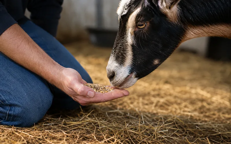Owner offering grain on an open palm to a curious goat stretching its neck forward