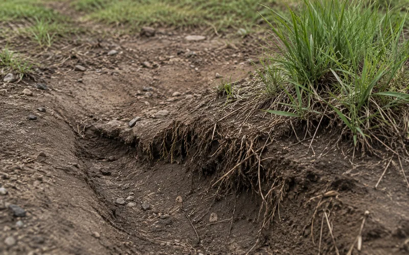 Close-up of bare soil patches and exposed plant roots on an overgrazed hillside, early warning signs of slope erosion