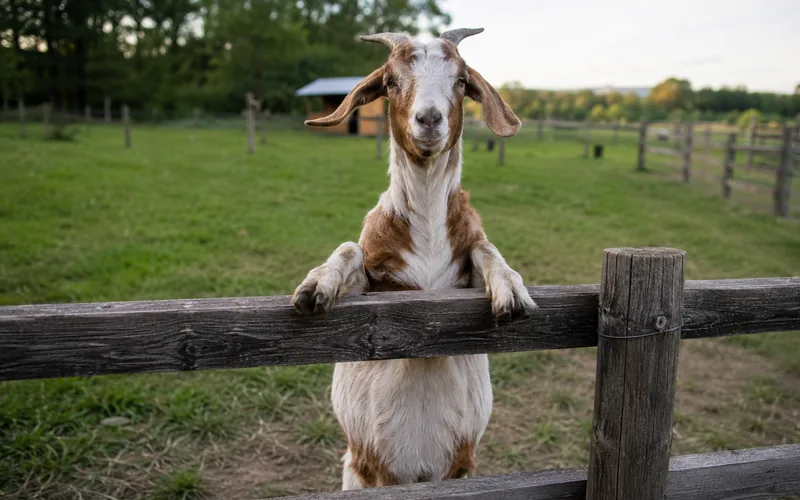 A goat standing with its front hooves up on a wooden rail fence, using it as a foothold
