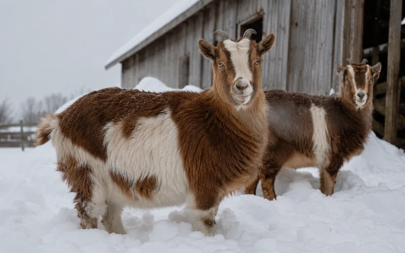 Two brown and white goats standing calmly in deep snow beside a rustic wooden barn under a grey winter sky