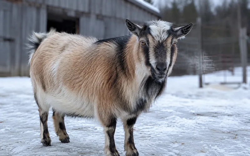 A small Nigerian Dwarf goat with a thick fuzzy winter coat standing on frozen ground in a snowy paddock