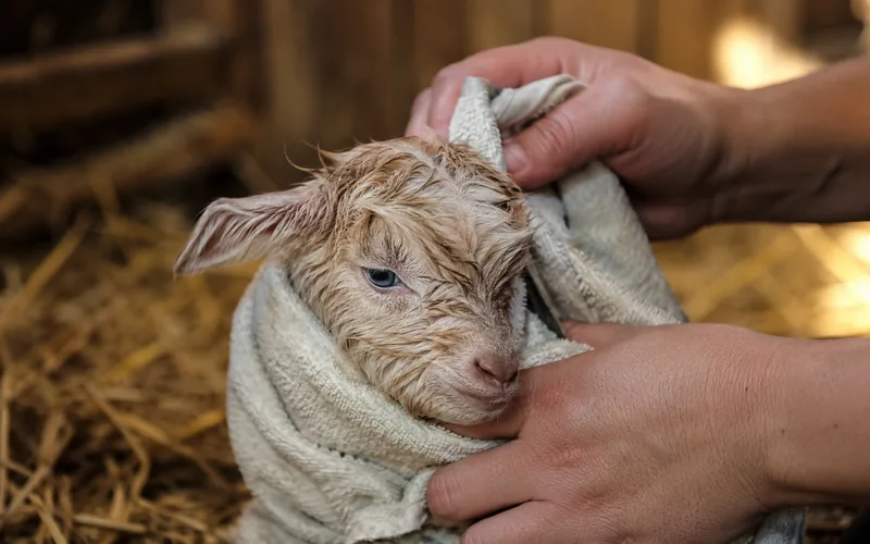 A newborn goat kid wrapped in a towel being dried by hands inside a warm straw-lined pen