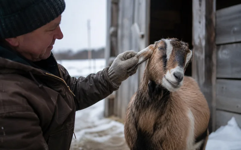 Close-up of a farmer checking a goat's ears for warmth outside a winter barn