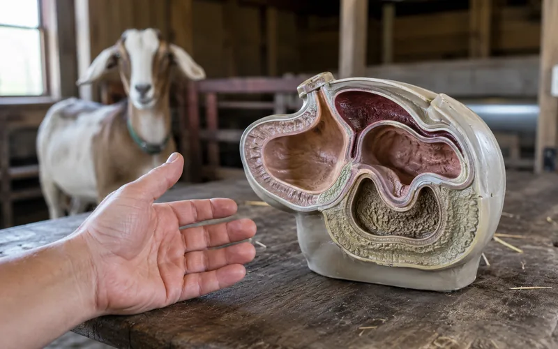 Diagram of a goat's four-chambered rumen digestive system