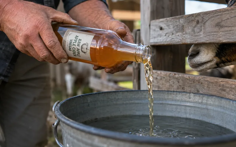 A farmer pouring apple cider vinegar into a goat water bucket to mix it