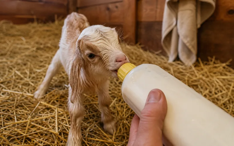A newborn goat kid drinking milk from a bottle instead of vinegar water