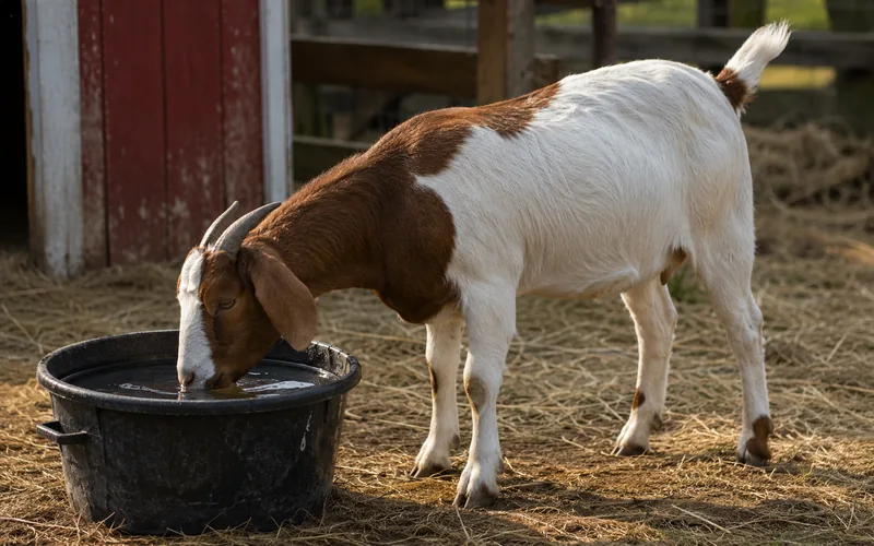 A goat calmly drinking apple cider vinegar water from a bucket on a farm