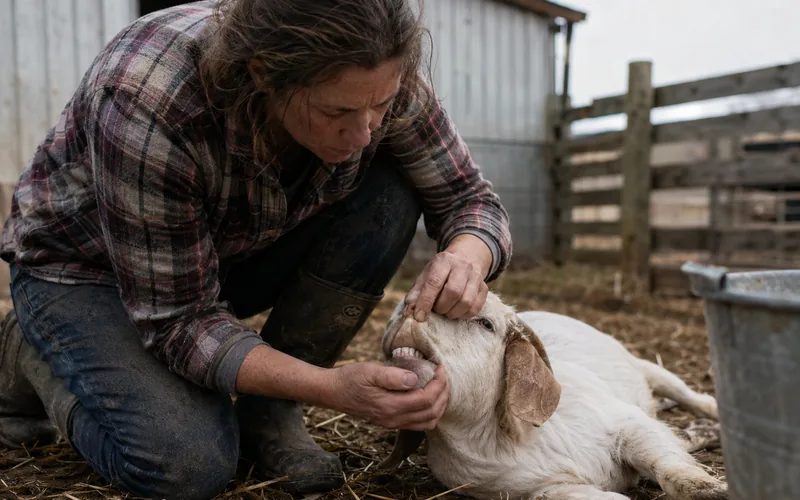 A farmer kneeling beside a resting goat in a paddock, checking the animal's gums