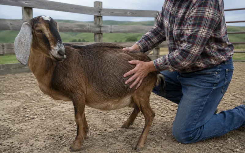 A goat owner checking a goat's belly for signs of bloating in a grassy pen