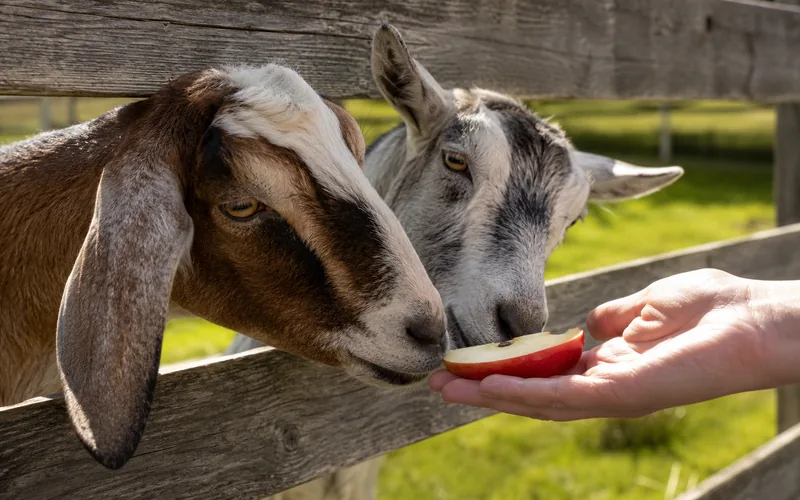 Two dairy goats crunching on sliced red apples through a wooden fence rail