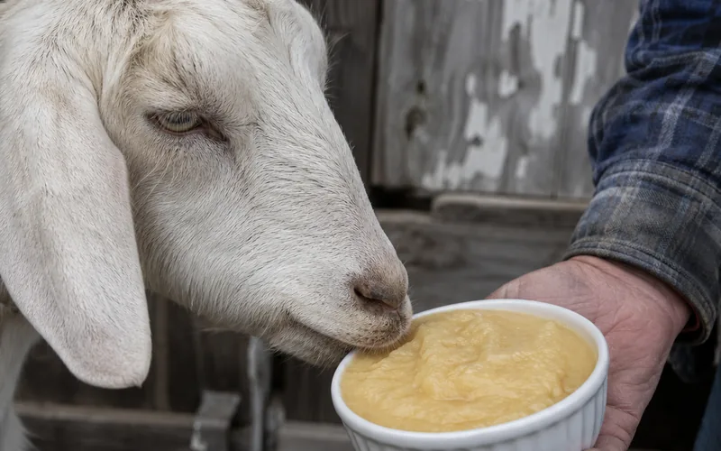 A goat sniffing a small bowl of plain applesauce held by a farmer