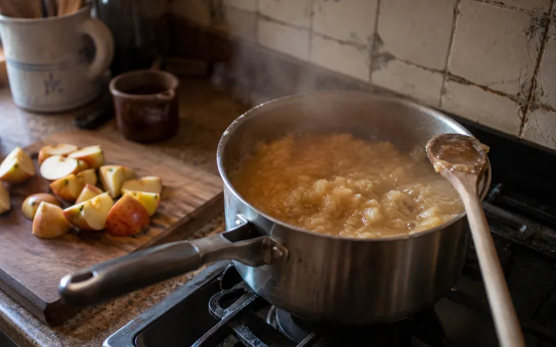A pot of homemade applesauce cooking on a stovetop with chopped apples nearby