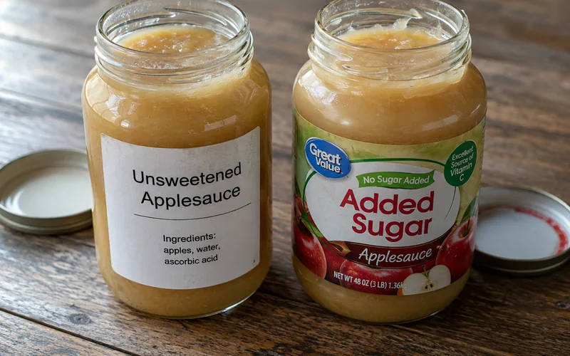 Two jars of applesauce side by side, one unsweetened and one with added sugar