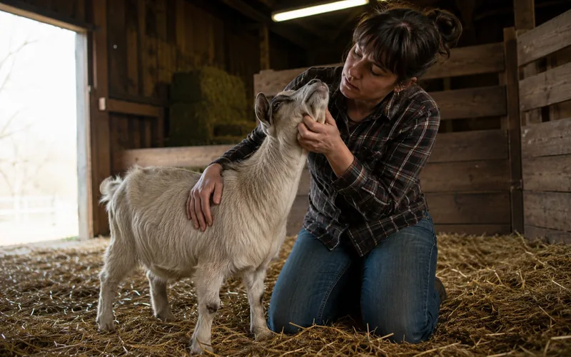 A goat owner checking a goat for signs of illness in a barn