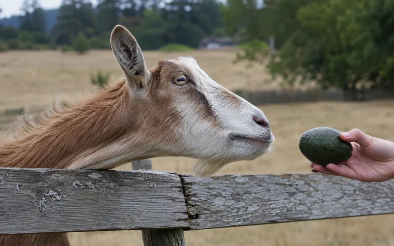 A curious goat sniffing a whole avocado held out over a fence