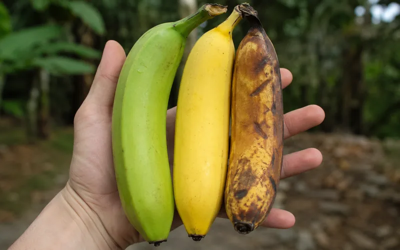 A hand holding one green, one yellow, and one brown-speckled banana side by side to show ripeness stages