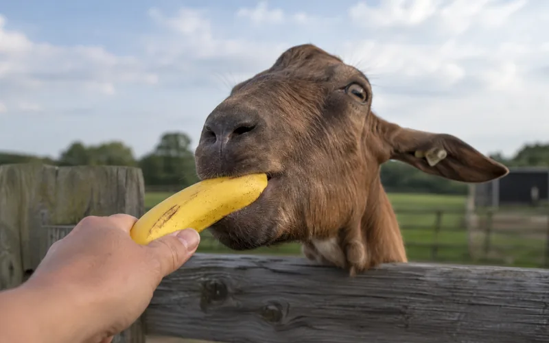 A curious brown goat stretching over a wooden fence to take a whole yellow banana from an outstretched hand
