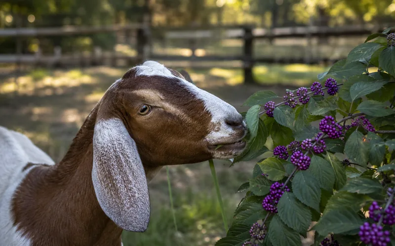 Goat browsing near a beautyberry shrub with purple berries